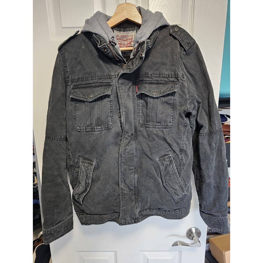 Levis Jacket Mens Small Gray Sherpa Lined Hooded Canvas Utility Military Grunge